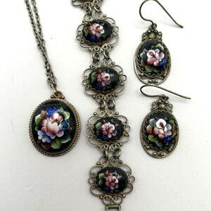 Vintage Hand Painted Porcelain Floral Jewelry Set Necklace Bracelet Earrings